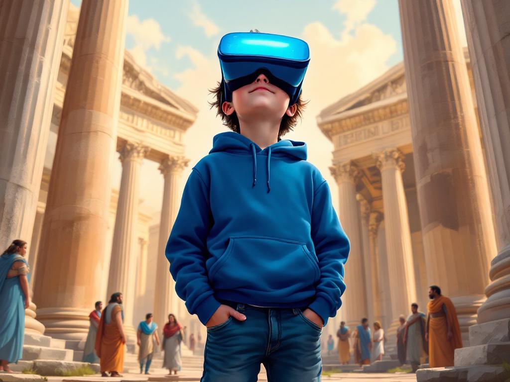 image d'un enfant entre 10 et 12 ans avec un casque de réalité virtuelle se trouvant dans un forum antique